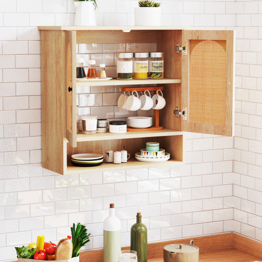 Bathroom Wall Cabinet with PE Rattan Doors and Adjustable Shelves-Natural