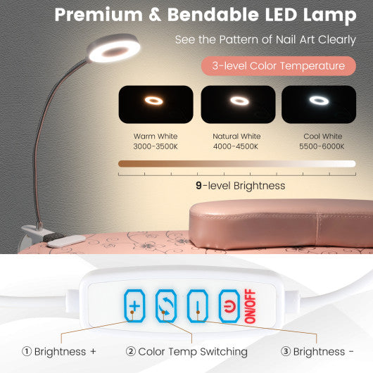 Manicure Nail Table with Bendable USB-plug LED Table Lamp-Pink