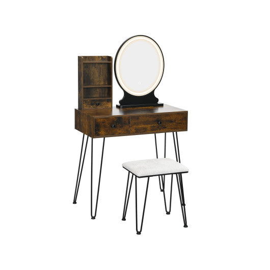 Vanity Table Set with Lighted Mirror and Cushion Stool-Brown