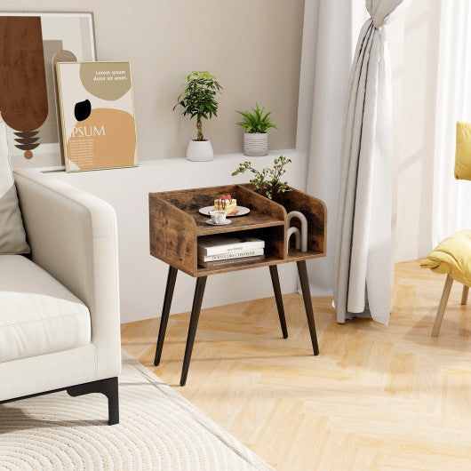 Mid Century Modern Nightstand with Open Shelves-Brown