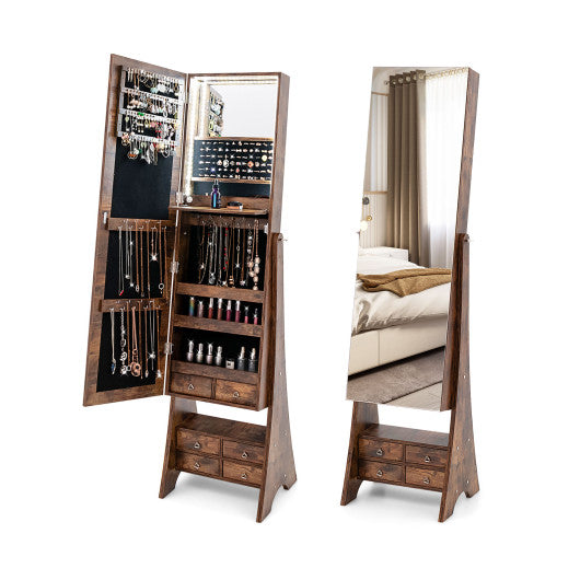 Freestanding Full Length LED Mirrored Jewelry Armoire with 6 Drawers-Rustic Brown