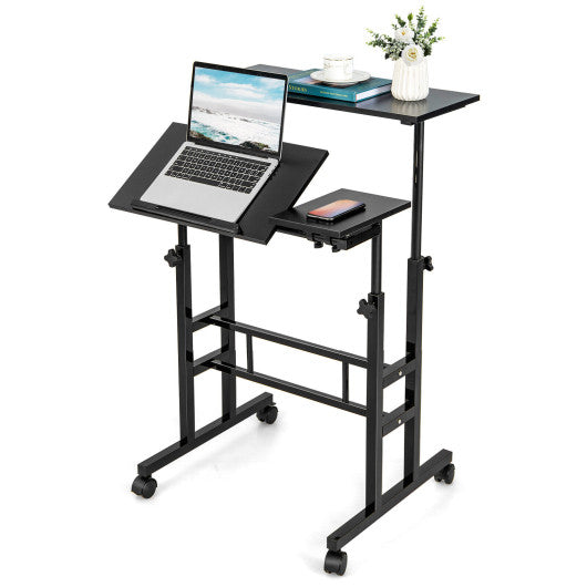 Mobile Stand-up Computer Desk Adjustable with 2 Tilting Desktops-Black