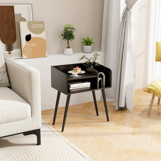 Mid Century Modern Nightstand with Open Shelves-Black