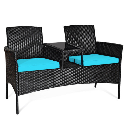Modern Patio Conversation Set with Built-in Coffee Table and Cushions -Turquoise