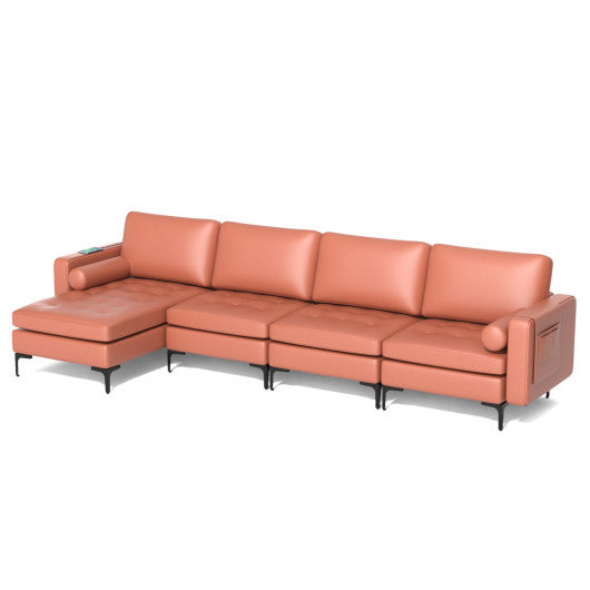 Modular L-shaped 4-Seat Sectional Sofa with Reversible Chaise and 2 USB Socket-Pink