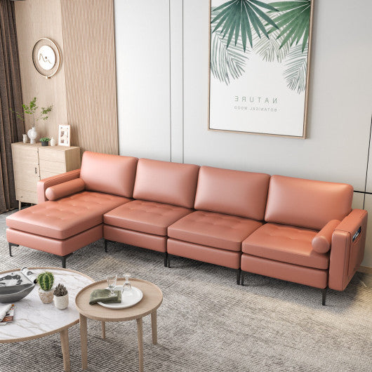Modular L-shaped 4-Seat Sectional Sofa with Reversible Chaise and 2 USB Socket-Pink