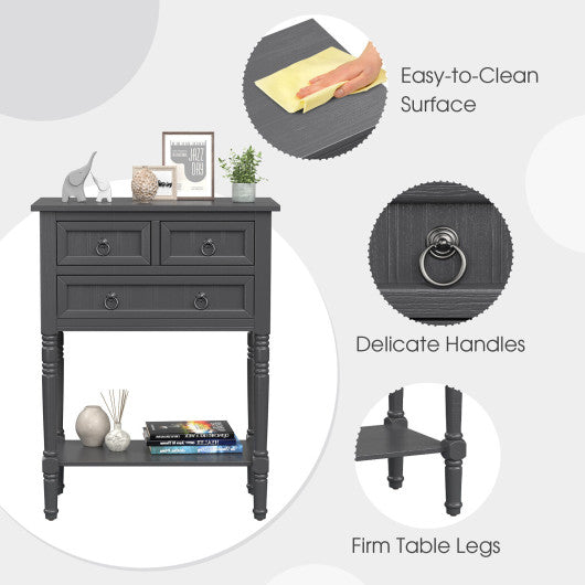 Narrow Console Table with 3 Storage Drawers and Open Bottom Shelf-Gray
