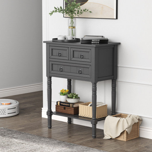 Narrow Console Table with 3 Storage Drawers and Open Bottom Shelf-Gray