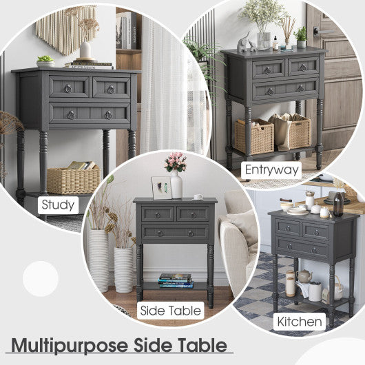 Narrow Console Table with 3 Storage Drawers and Open Bottom Shelf-Gray