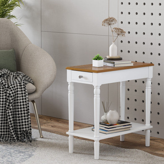 Narrow Side Table with Drawer and Open Storage Shelf