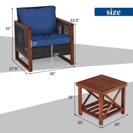 3 Pieces Patio Wicker Furniture Set with Acacia Wood Coffee Table and Washable Cushion-Navy