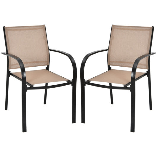 Set of 2 Patio Stackable Dining Chairs with Armrests Garden Deck-Brown
