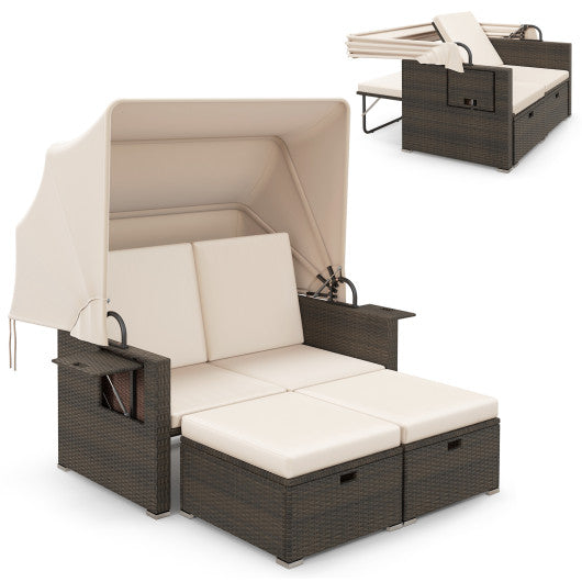 Outdoor Patio Rattan Daybed with Retractable Canopy and Adjustable Backrests-Beige