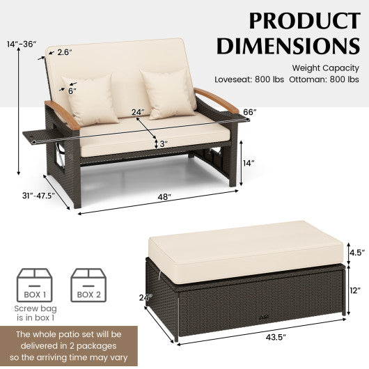 Outdoor Wicker Daybed with Folding Panels and Storage Ottoman-Beige