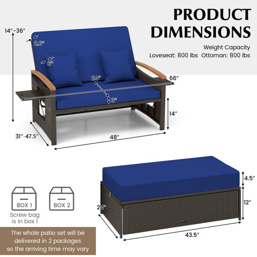 Outdoor Wicker Daybed with Folding Panels and Storage Ottoman-Navy