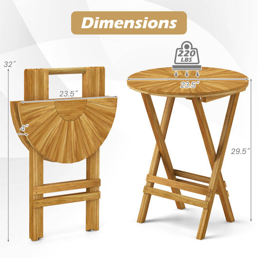 Patio Folding Side Table Teak Wood Round End Table with Slatted Tabletop and X-Shaped Frame
