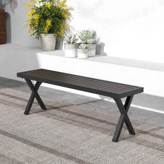 Patio Metal Bench with Slatted Seat and X Legs