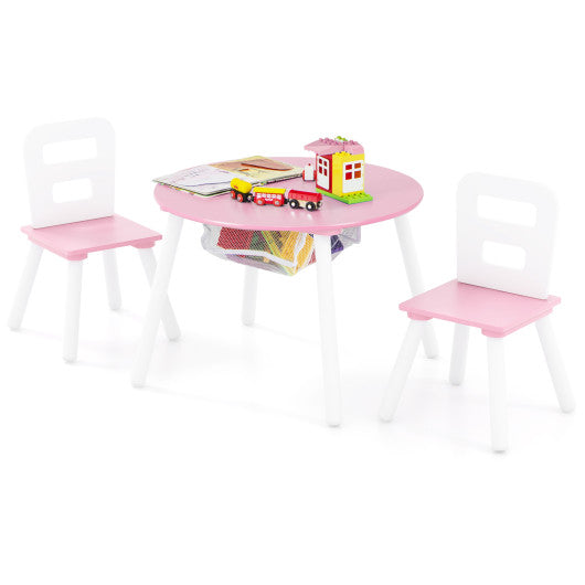 Wood Activity Kids Table and Chair Set with Center Mesh Storage for Snack Time and Homework-Pink