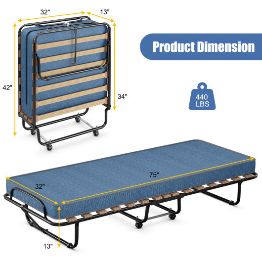 Portable Folding Bed with Memory Foam Mattress and Sturdy Metal Frame Made in Italy-Navy