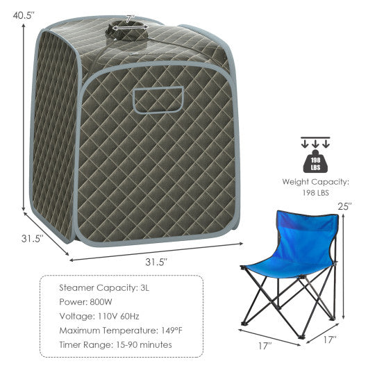 Portable Personal Steam Sauna Spa with Steamer Chair-Gray