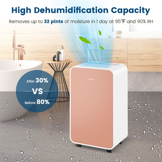 32 Pints/Day Portable Quiet Dehumidifier for Rooms up to 2500 Sq. Ft-Pink