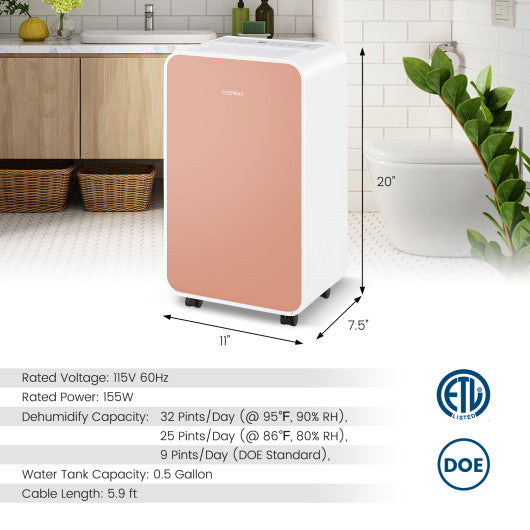 32 Pints/Day Portable Quiet Dehumidifier for Rooms up to 2500 Sq. Ft-Pink