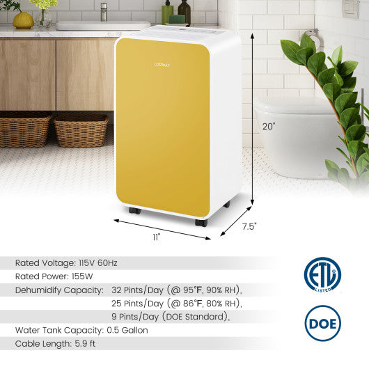 32 Pints/Day Portable Quiet Dehumidifier for Rooms up to 2500 Sq. Ft-Yellow