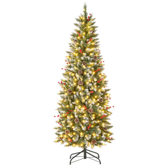 Pre-lit Artificial Pencil Christmas Tree with Pine Cones and Red Berries-6 ft