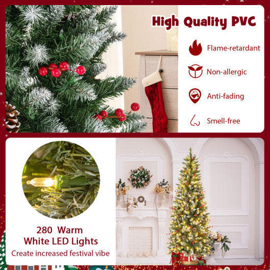 Pre-lit Artificial Pencil Christmas Tree with Pine Cones and Red Berries-6 ft