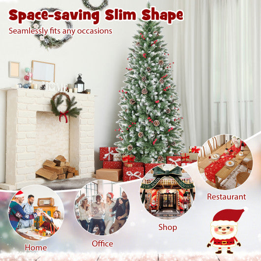Pre-lit Artificial Pencil Christmas Tree with Pine Cones and Red Berries-6 ft