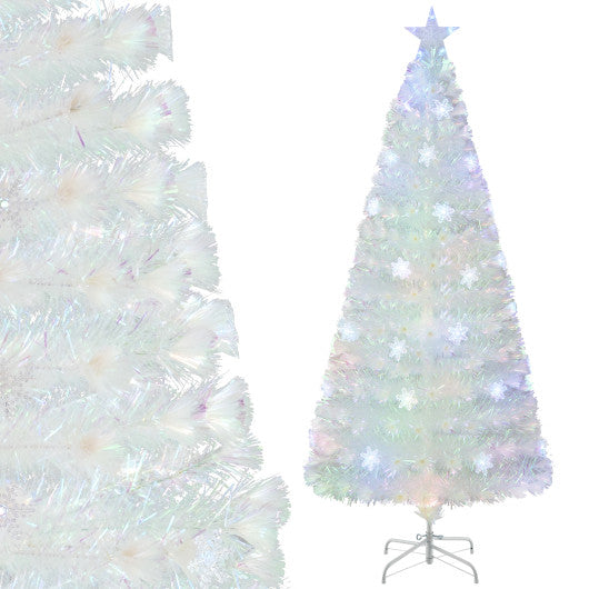 5/6/7 Feet Pre-Lit White Artificial Christmas Tree with Iridescent Leaves-6 ft