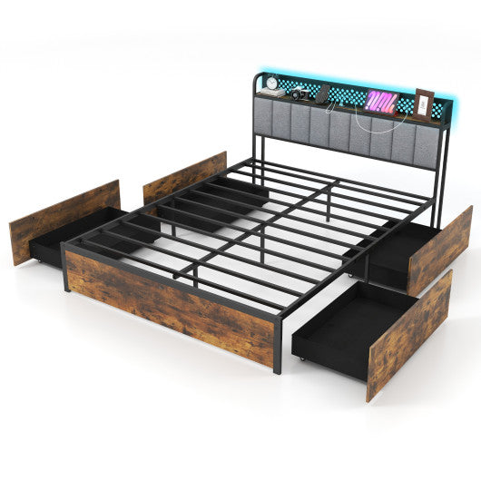 Twin/Full/Queen Bed Frame with LED Lights Upholstered Headboard and 4 Storage Drawers-Queen Size
