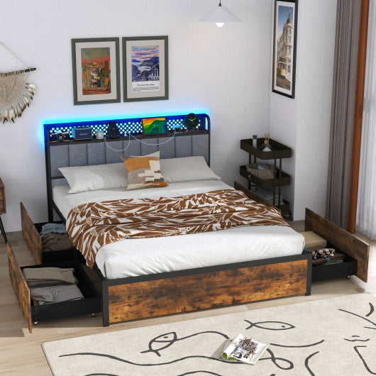 Twin/Full/Queen Bed Frame with LED Lights Upholstered Headboard and 4 Storage Drawers-Queen Size
