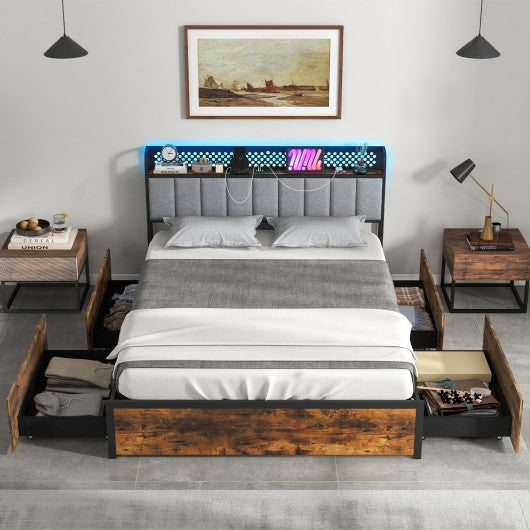 Twin/Full/Queen Bed Frame with LED Lights Upholstered Headboard and 4 Storage Drawers-Queen Size