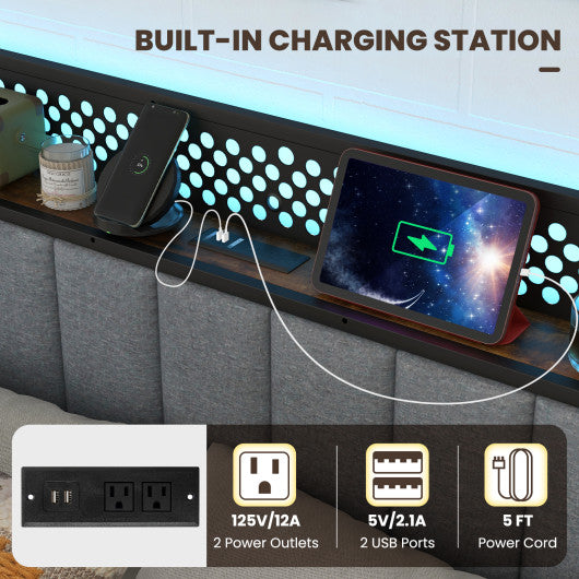 Twin/Full/Queen Bed Frame with LED Lights Upholstered Headboard and 4 Storage Drawers-Queen Size