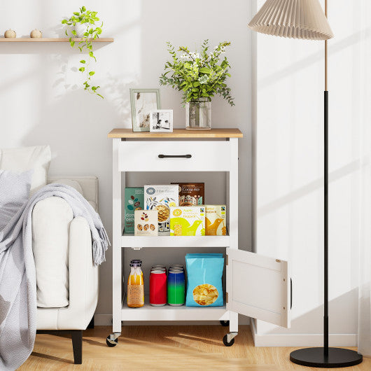 Rolling Kitchen Island Cart with Drawer and Side Hooks-White