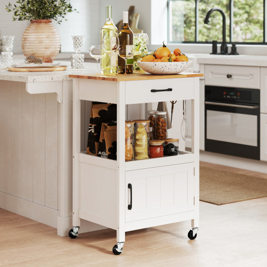 Rolling Kitchen Island Cart with Drawer and Side Hooks-White