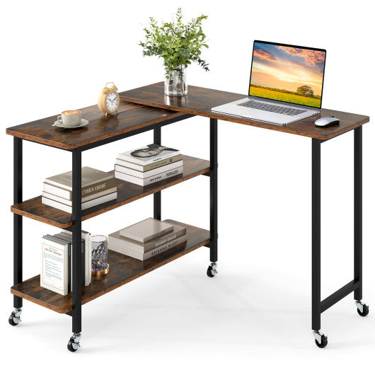 360° Rotating Sofa Side Table with Storage Shelves and Wheels-Rustic Brown