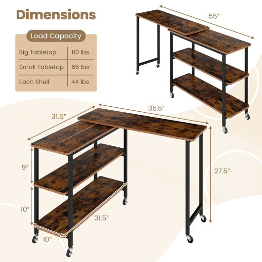 360° Rotating Sofa Side Table with Storage Shelves and Wheels-Rustic Brown