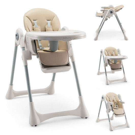 Baby Folding High Chair Dining Chair with Adjustable Height and Footrest-Beige
