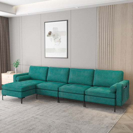 Modular L-shaped 4-Seat Sectional Sofa with Reversible Chaise and 2 USB Socket-Teal