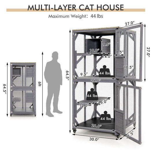 Outdoor Cat House Enclosures on Wheels Kitten Cages with Resting Box-Gray