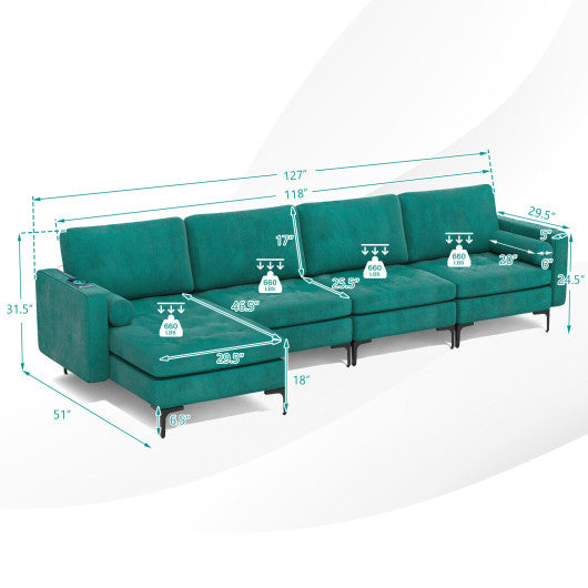 Modular L-shaped 4-Seat Sectional Sofa with Reversible Chaise and 2 USB Socket-Teal