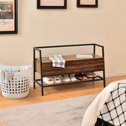 Industrial Shoe Bench with Storage Space and Metal Handrail-Rustic Brown