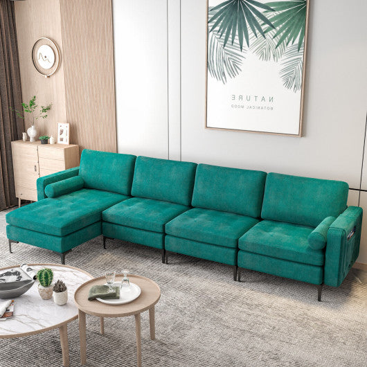 Modular L-shaped 4-Seat Sectional Sofa with Reversible Chaise and 2 USB Socket-Teal