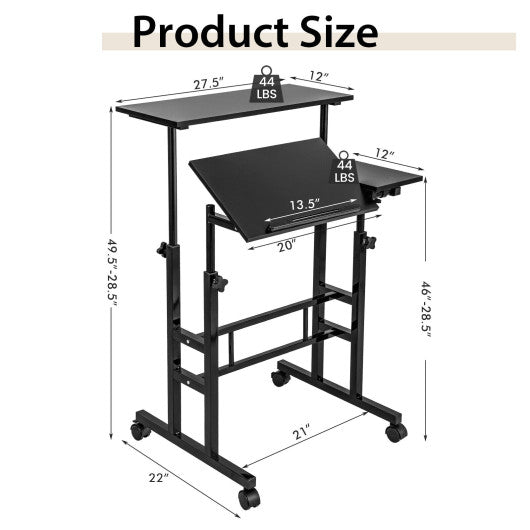Mobile Stand-up Computer Desk Adjustable with 2 Tilting Desktops-Black