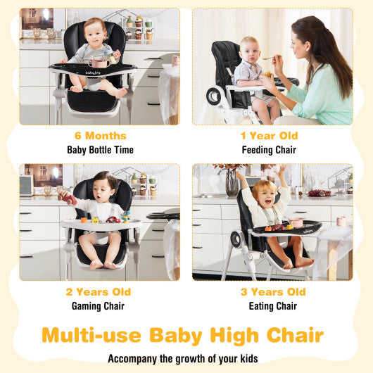 Baby High Chair Foldable Feeding Chair with 4 Lockable Wheels-Black