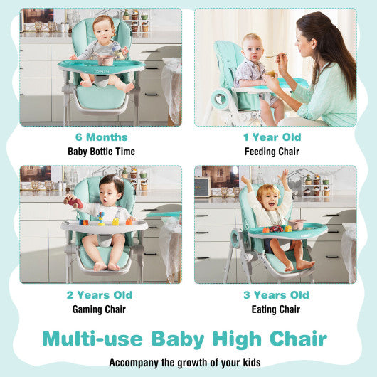 Baby High Chair Foldable Feeding Chair with 4 Lockable Wheels-Green