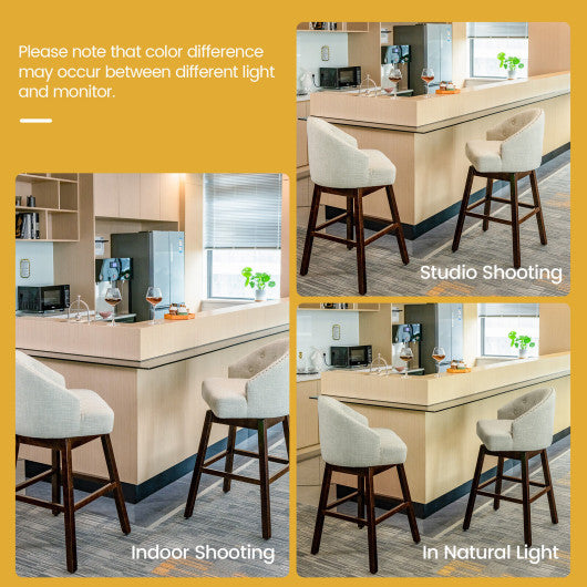 Set of 2 Swivel Bar Stools with Rubber Wood Legs and Padded Back-Beige