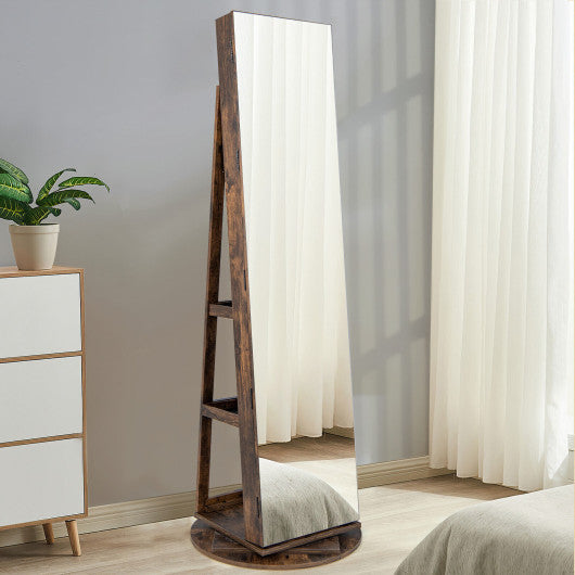 360° Rotating Mirrored Jewelry Cabinet Armoire 3 Color LED Modes Lockable-Brown